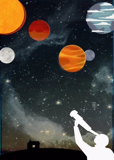 Silhouette of man with telescope looking up at star constellations and multicolored planets