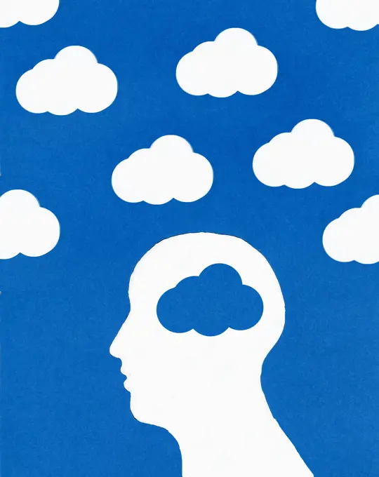 Cloud pattern and man's head with blue cloud brain