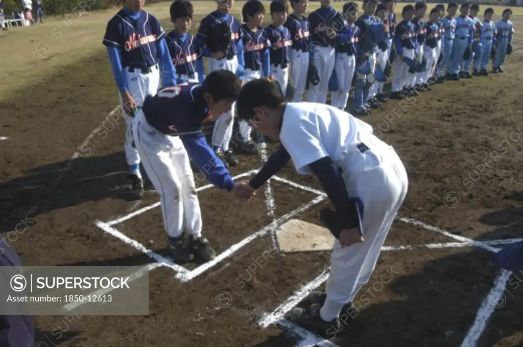 Japan, Chiba, Tako, 'Team Captain, 12 Year Old 6Th Grader, Shakes Hands With Opposing Captain From Nakamura Village At Home Plate Of Toujou Shonen Yakyu Baseball Club'