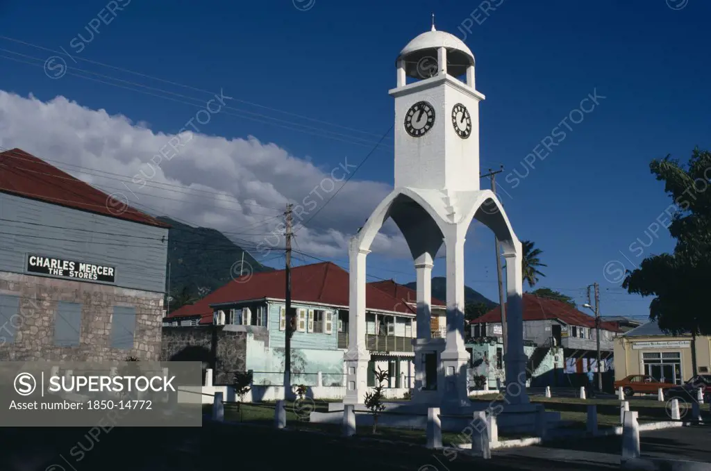 Montserrat, Plymouth, Town Square And Clock Tower Prior To Volcanic Eruption.