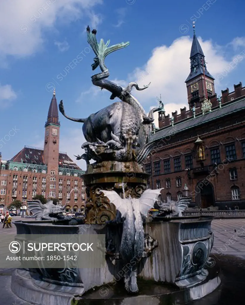 Denmark, Zealand, Copenhagen, City Hall And Fountain With Statue Of Bull Slaying A Serpent In The Foreground