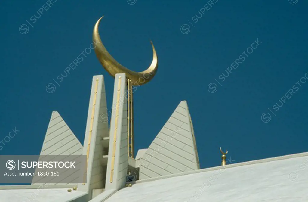 Pakistan, Islamabad, Faisal Mosque Roof Detail With Golden Crescent Moon Symbol.