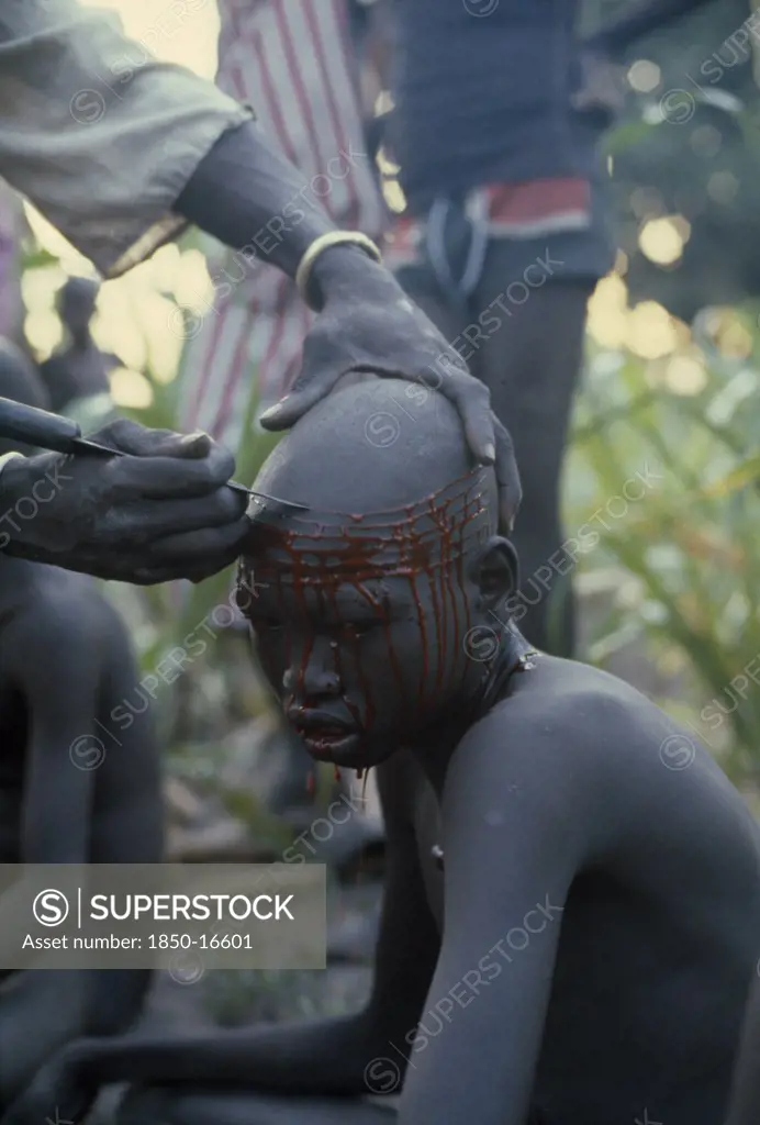 Sudan, Tribal People, 'Dinka Initiation Into Manhood.  Scarring Ceremony In Which Each Boy Has Six Horizontal Lines Cut Into Forehead, Any Sign Of Weakness Brings Dishonour.'