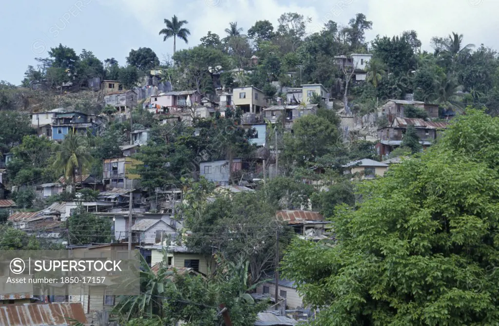 Jamaica, Montego Bay, Norwood, 'Overcrowded Slum Area, Shanty Housing On Hillside With Corrugated Tin Rooves.'