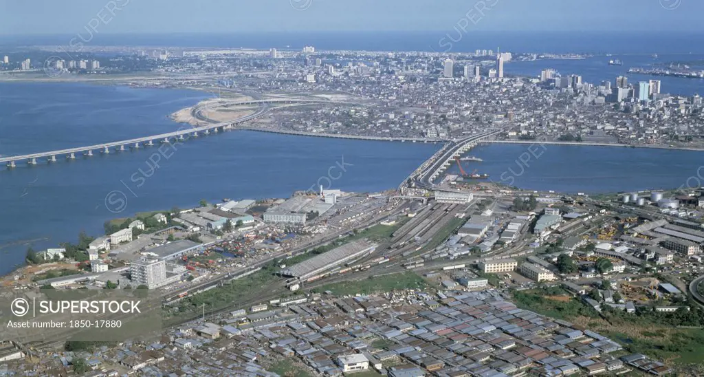 Nigeria, Lagos, Aerial View Of The City And Road Bridges.