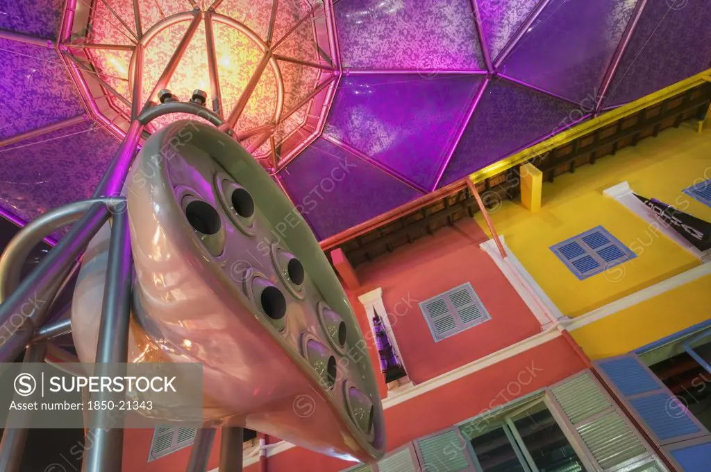 Singapore, Clark Quay., Colorful Buildings And Canopy Roof Detail With Air Mover Mechanical Fan System.