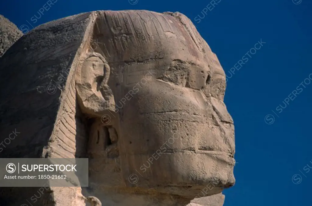 Egypt, Cairo Area, Giza, The Sphinx. Side Profile Of Head