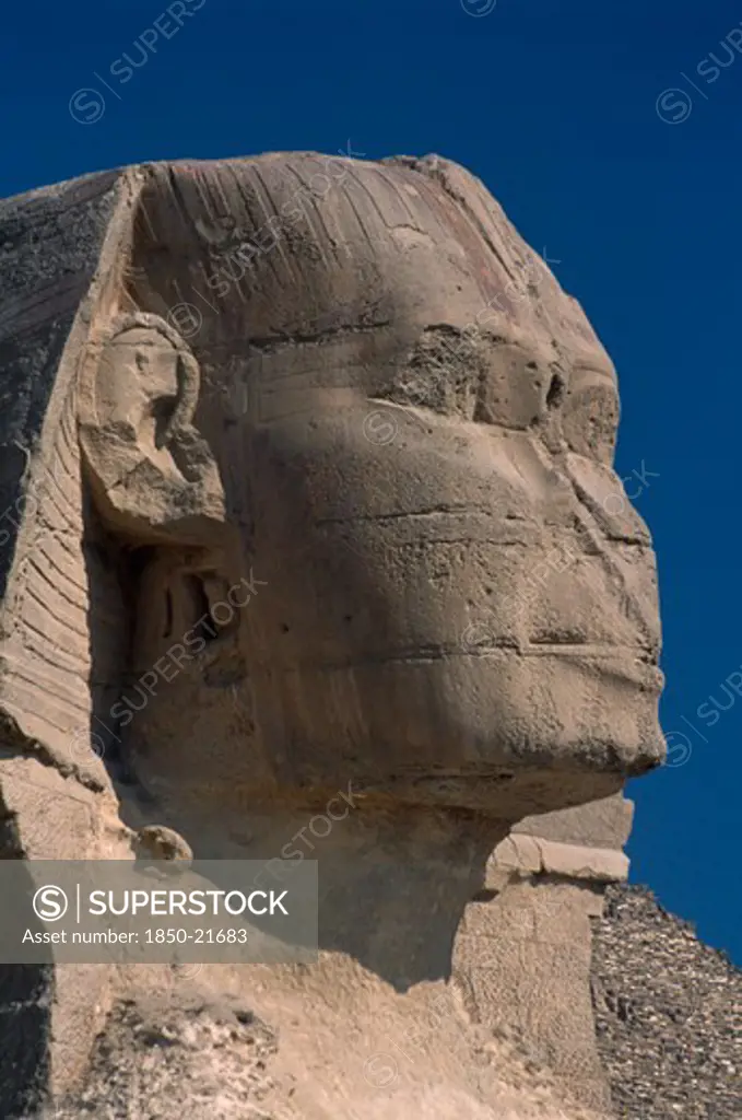 Egypt, Cairo Area, Giza, The Sphinx. Side Profile Of Head