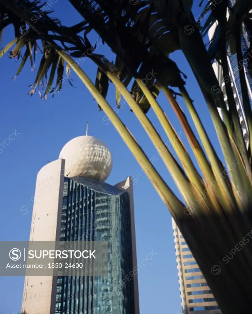 Uae, Dubai, Deira, 'Etisalat Building On Dubai Creek With TravellerS Palm, Partly In Shadow In The Foreground.'