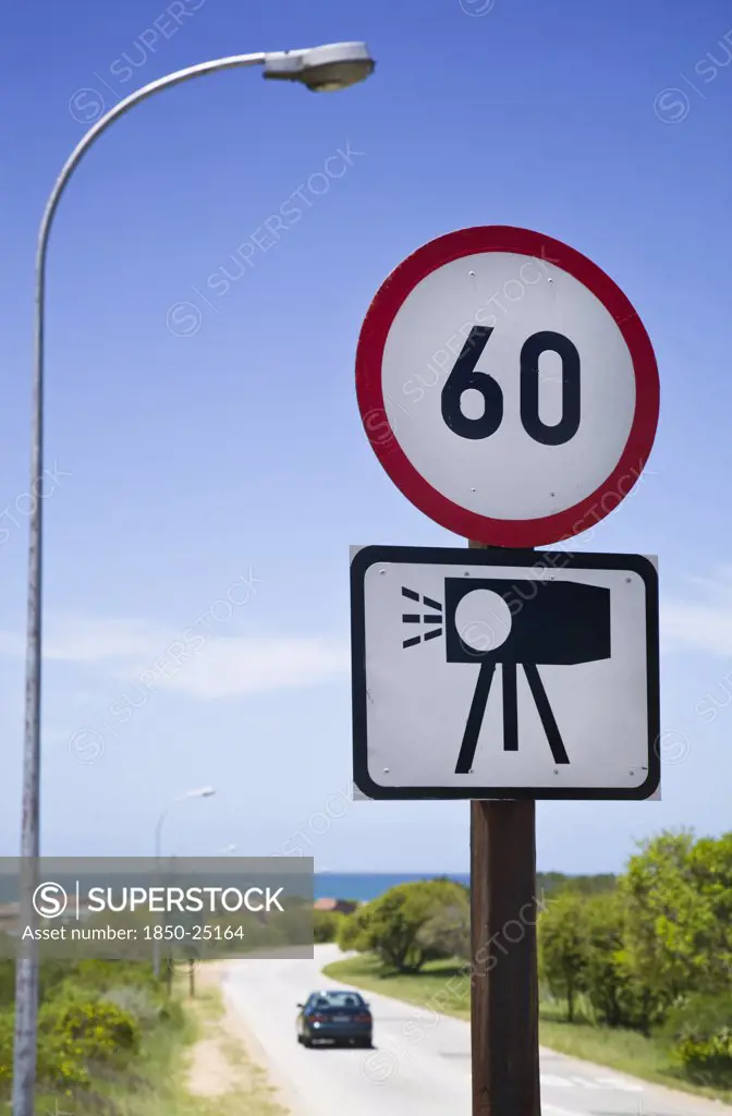 South Africa, Transport, Road Sign Showing Speed Limit And Warning Of Radar Cameras.