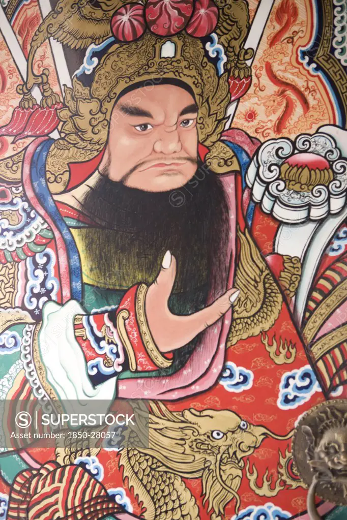 Thailand, North, Chiang Mai, Pung Tao Gong Ancestral Temple. Close Up Of A Colourful Mural Depicting A Male Deity.