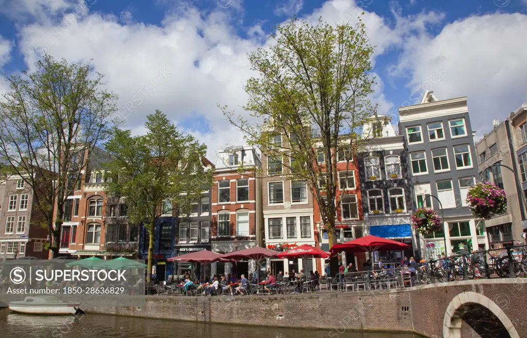 Holland, North, Amsterdam, Typical Dutch gable buildings along canal.