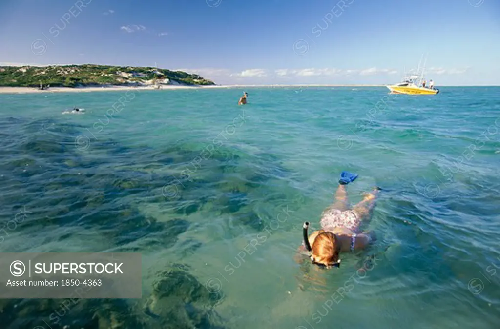 Mozambique, Maqaruque Island, Tourists Snorkelling From A Dive Boat In Shallow Water