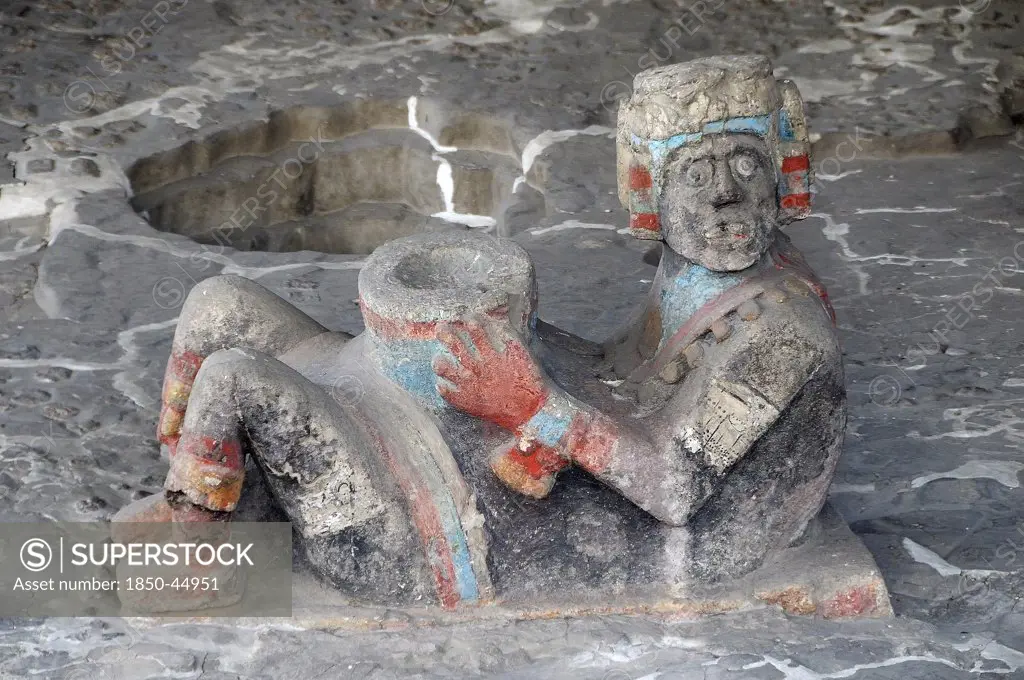 Chac Mool figure at the entrance to Tlaloc Shrine in the Templo Mayor Aztec temple ruins.Mexico Federal District Mexico City