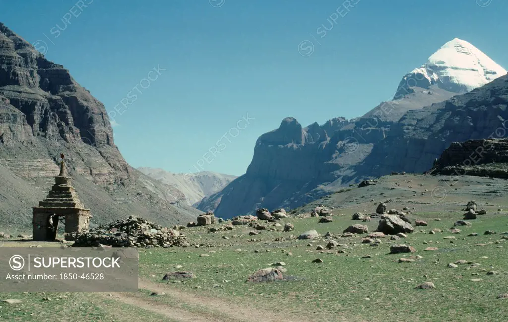 Tibet, West, General, Landscape with chorten and peak of Mount Kailas.China Tibet Landscape with Chorten and the peak of Mount Kailas.