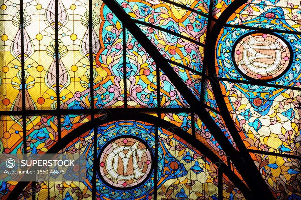 Mexico, Federal District, Mexico City, Detail of Tiffany glass window in the Gran Hotel Zocalo.