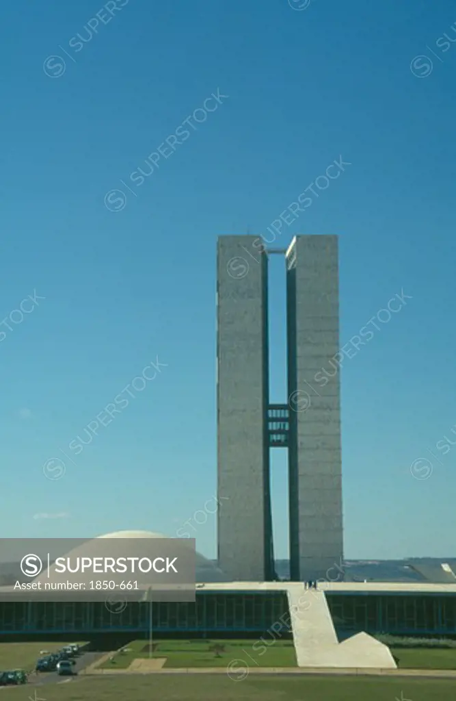 Brazil, Federal District, Brasilia, Palace Of National Congress Twin Towers And Dome