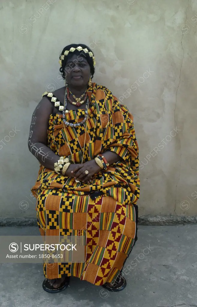 Ghana, Kumasi, Portrait Of The Queen Mother Wearing Traditional Ashanti Cloth.