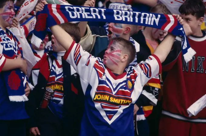 Sport, Supporters, Rugby League, Teenage Fans Holding Great Britain Scarfs During The Great Britain V Australia Game At Wembley Stadium.