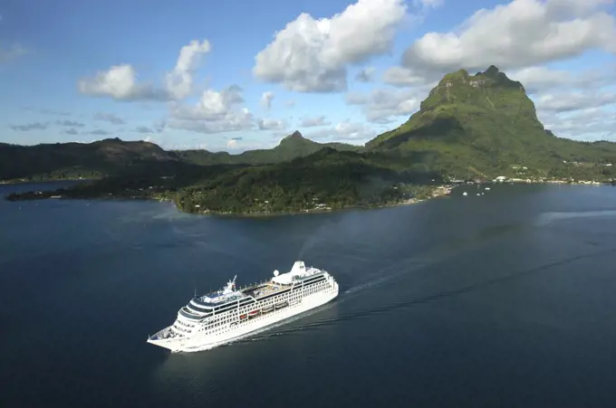 Pacific Islands, French Polynesia, Tahiti , Cruise Ship Sailing Past The Island