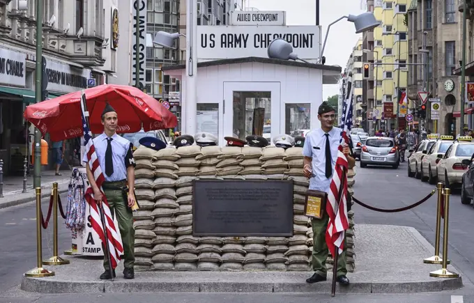 Germany, Berlin, Checkpoint Charlie, US Army checkpoint and guardhouse reconstruction at the former crossing point between East and West Berlin.