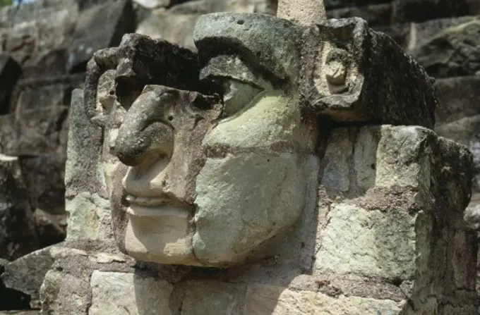 Honduras, Copan, 'Site Of Ancient Mayan Ruins.  Detail Of Carved Stone Face, Partly Complete, Protruding From Wall.'