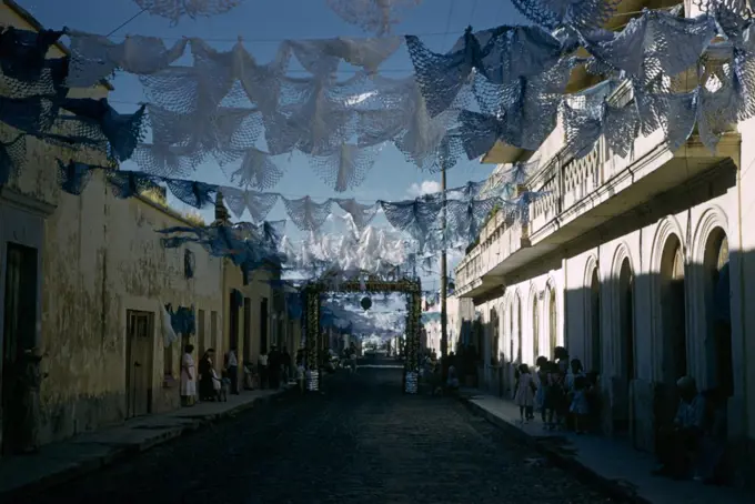 Mexico, Mexico City, Street Decorated For Independence Day