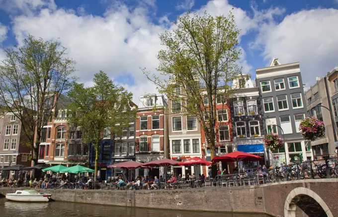 Holland, North, Amsterdam, Typical Dutch gable buildings along canal.