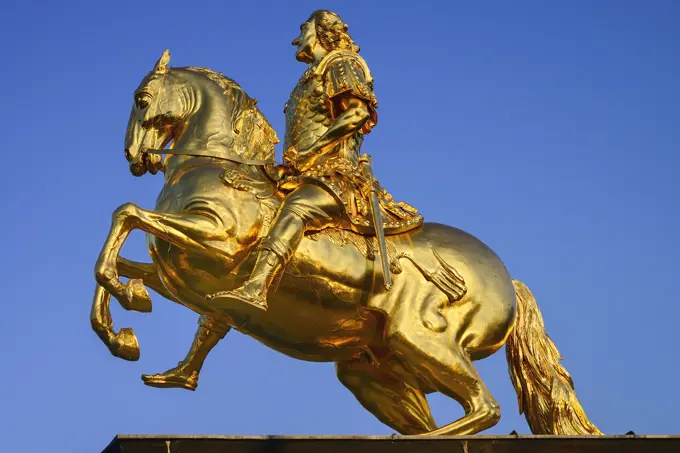 Germany, Saxony, Dresden, The Goldener Reiter or Golden Rider statue of the Polish King Augustus the Strong located in the Neustadt area of the city.   