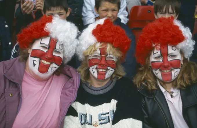 Sport, Crowds, Soccer, Fans With Faces Painted With The George Cross