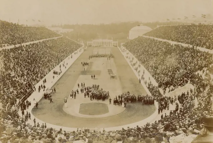 Greece, Attica, Athens, Opening ceremony of the 1896 Games of the I Olympiad in the Panathinaiko stadium attended by King George I.