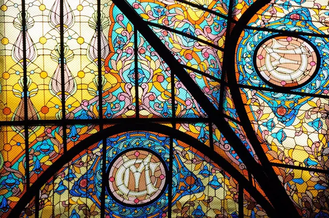 Mexico, Federal District, Mexico City, Detail of Tiffany glass window in the Gran Hotel Zocalo.