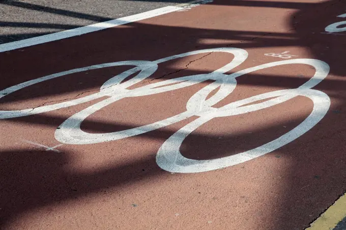 England, London, Stratford Olympic Games Lane marked on road.