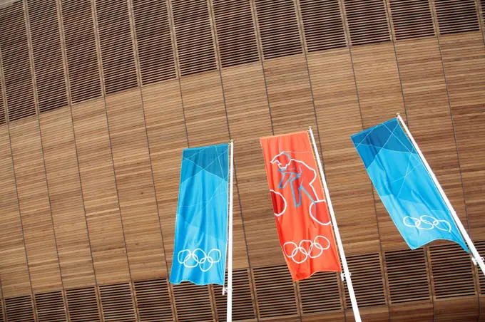 England, London, Stratford Olympic Park Exterior of the wood clad Velodrome arena.