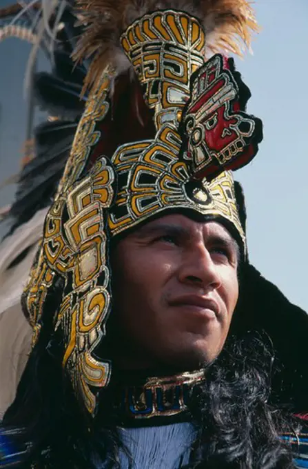 Mexico, Mexico City, Our Lady Of Guadaloupe Festival Male Indian Dancer Outside The Basilica