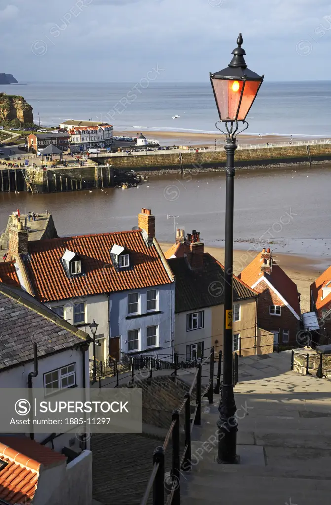 UK - England, Yorkshire, Whitby, View over town and sea from Church Stairs