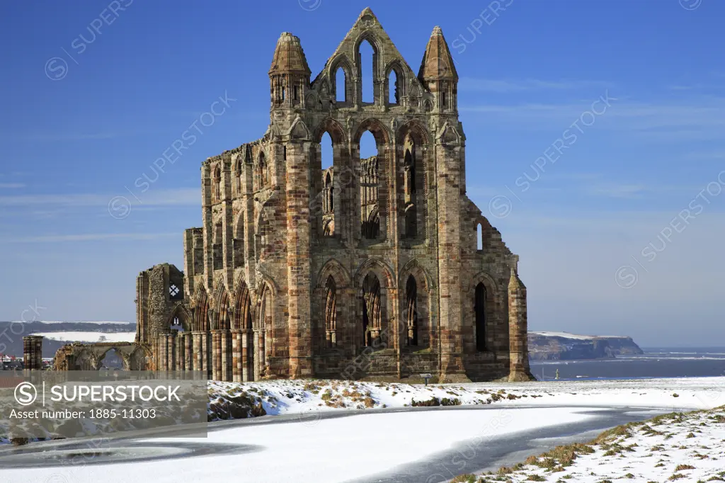 UK - England, Yorkshire, Whitby, Clifftop ruins of Whitby Abbey in winter