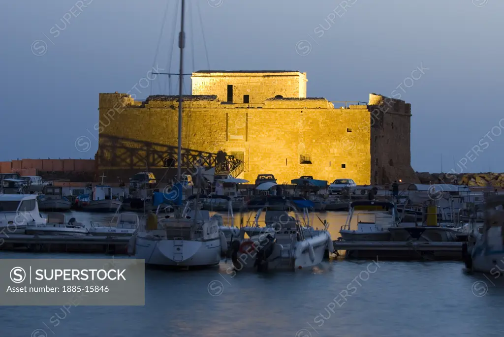 Cyprus, South, Paphos, The harbour and Paphos Fort at night