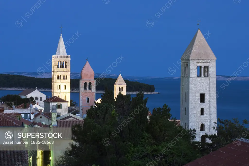 Croatia, Kvarner Gulf, Rab Island, Rab Town - view over campaniles of the old town at dusk