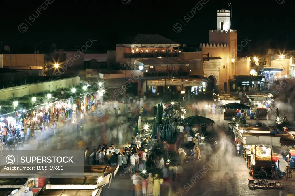 Morocco, , Marrakesh, Djemma el Fna market at night