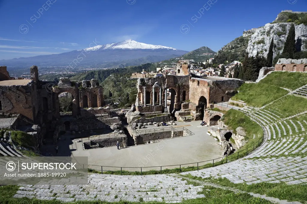 Italy, Sicily, Taormina, The Greek Amphitheatre and Mount Etna