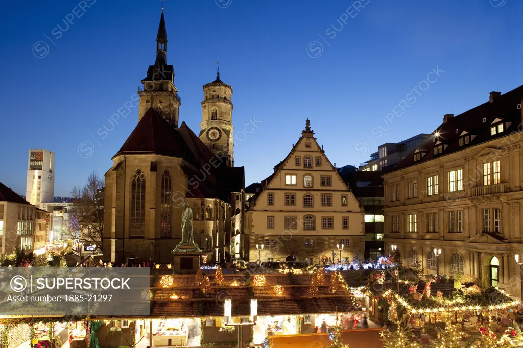 Germany, Baden Wurttemberg, Stuttgart, Christmas Market and Stiftskirche