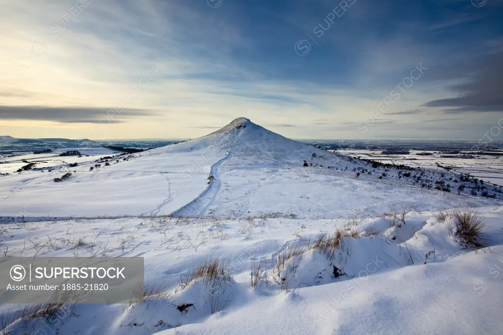 UK - England, North Yorkshire, Roseberry Topping from Little Roseberry in Winter Snow, North Yorkshire