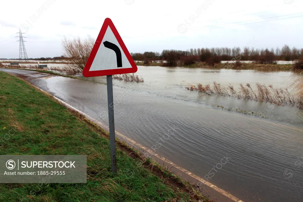 View of the flooded river Nene over the B1040 road Whittlesey