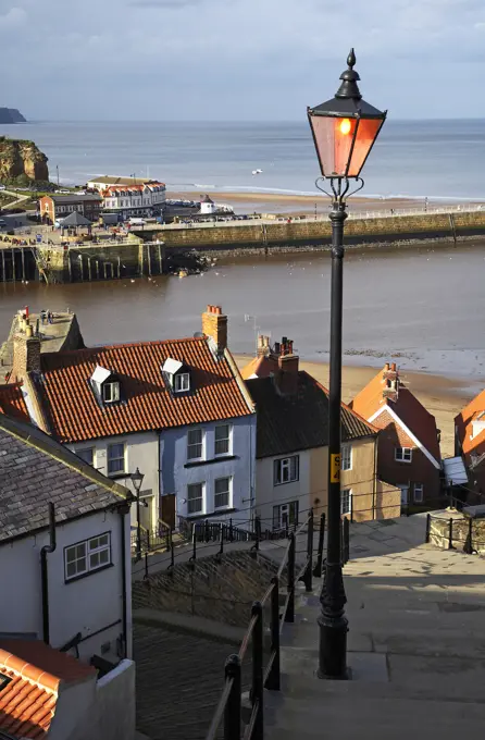 UK - England, Yorkshire, Whitby, View over town and sea from Church Stairs