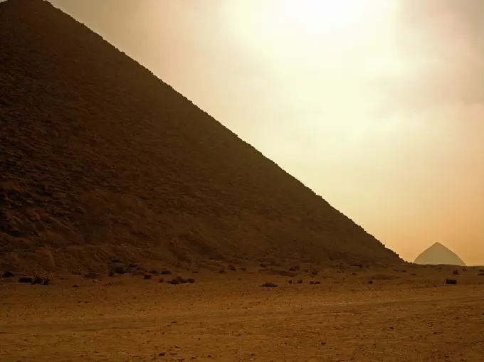 Egypt, , Dahshur, The Red Pyramid and the Bent Pyramid of King Sneferu at dusk