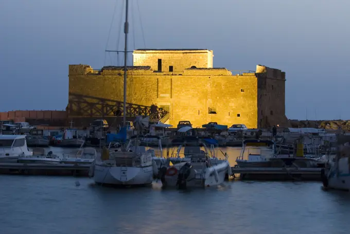 Cyprus, South, Paphos, The harbour and Paphos Fort at night