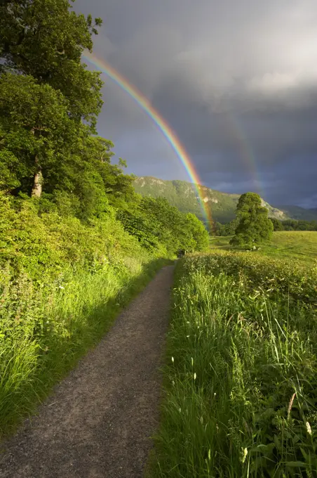 UK - England, Cumbria, Keswick - near, Double rainbow over the countryside