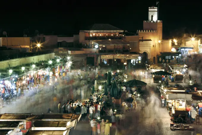 Morocco, , Marrakesh, Djemma el Fna market at night