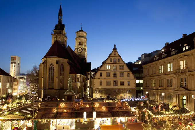 Germany, Baden Wurttemberg, Stuttgart, Christmas Market and Stiftskirche